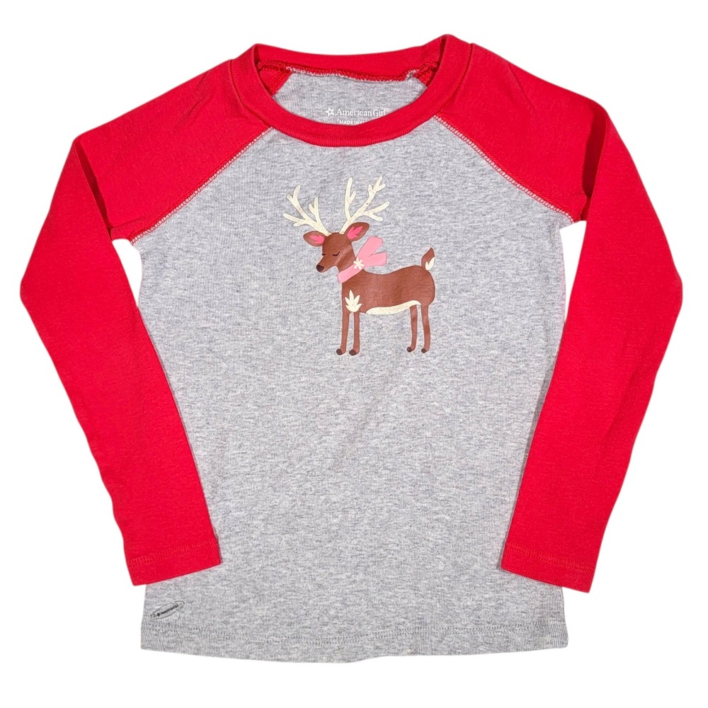 American Girl Festive Reindeer Pajama Top Sz 7 Red Gray‎ Christmas Holiday Shirt